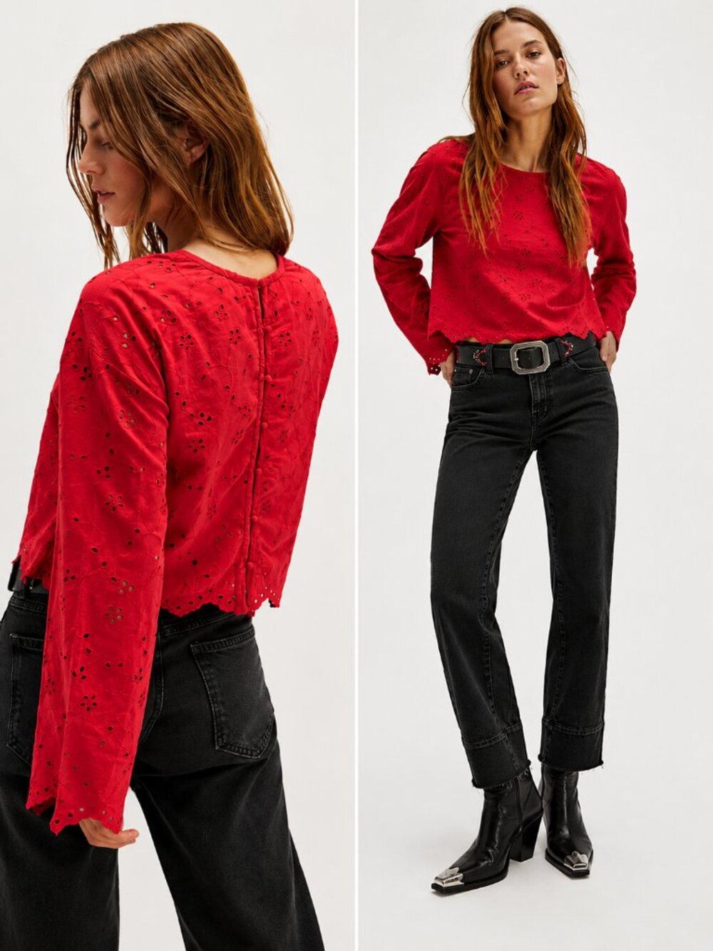 NWT Free People Emma Eyelet Top Red Eyelet Scallop Hem Women's size Small